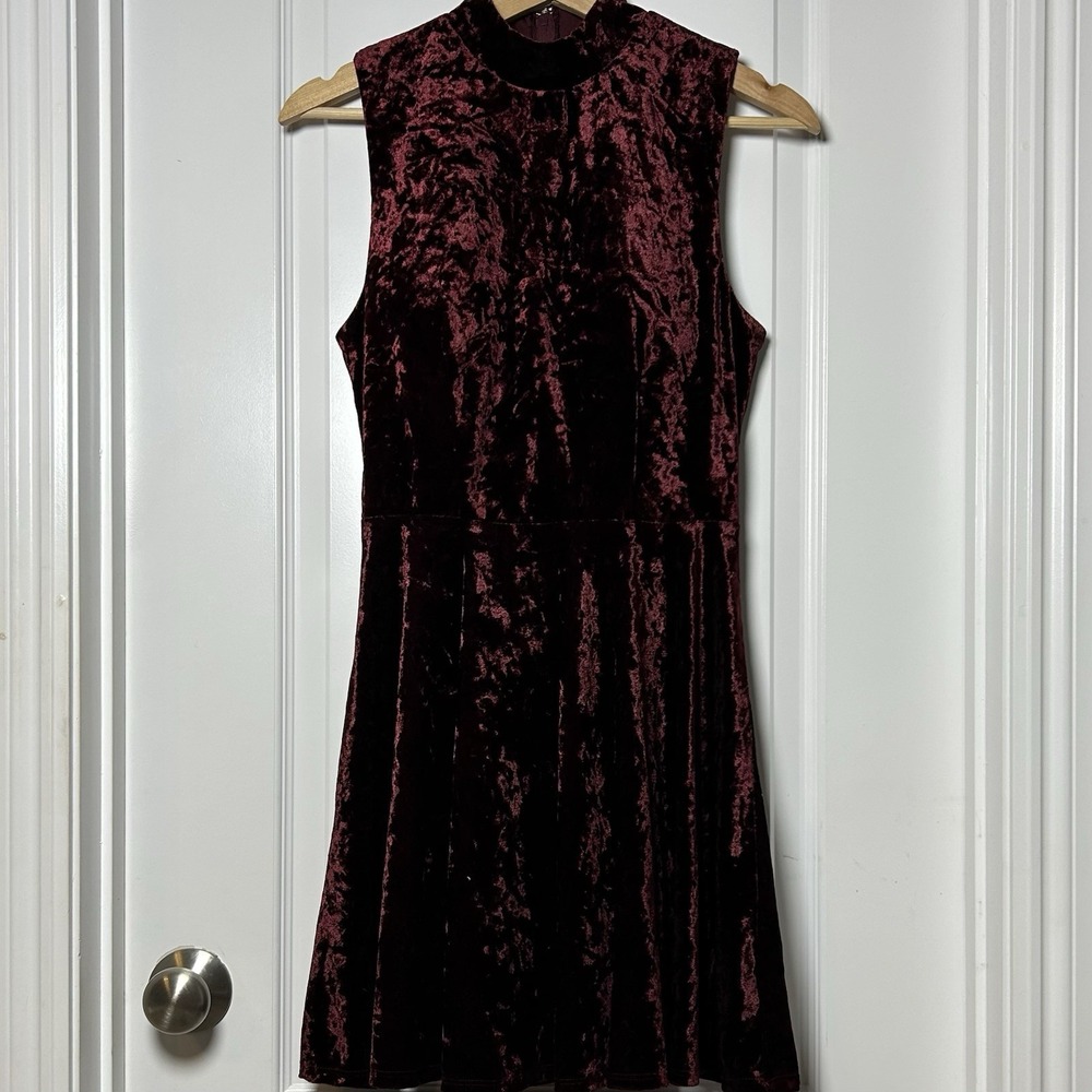 City Studio Burgundy Crushed Velvet Mock Sleeveless Neck Fit & Flare Mini Dress
